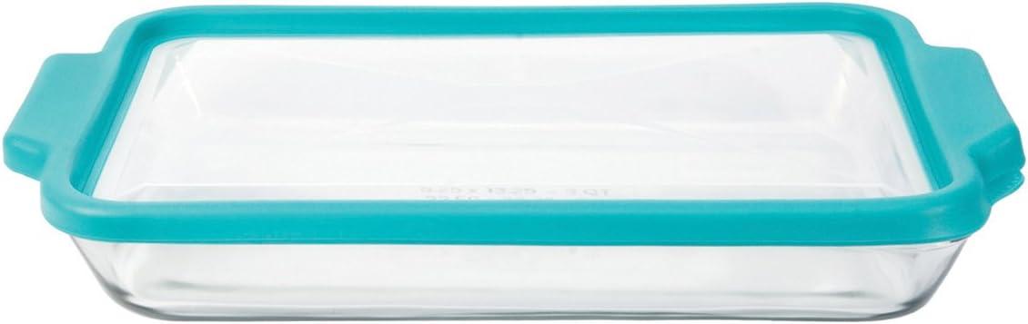 anchor hocking 3-quart glass baking dish with teal truefit lid