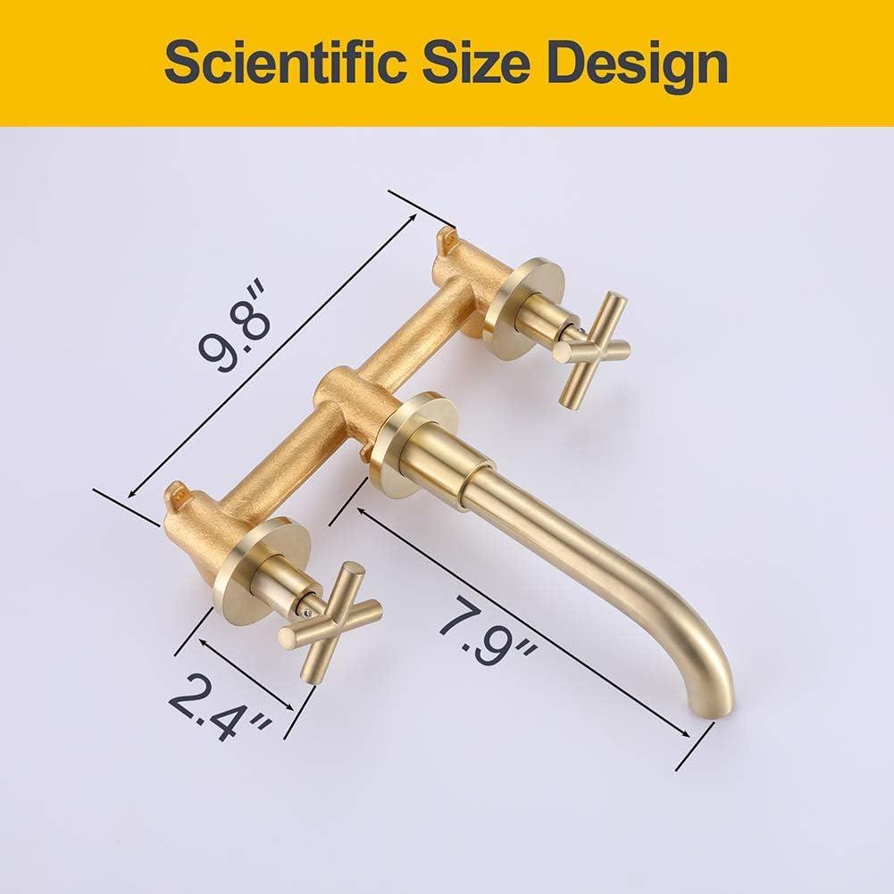 Brushed Gold Wall Mounted Bathroom Faucet with Dual Cross Handles