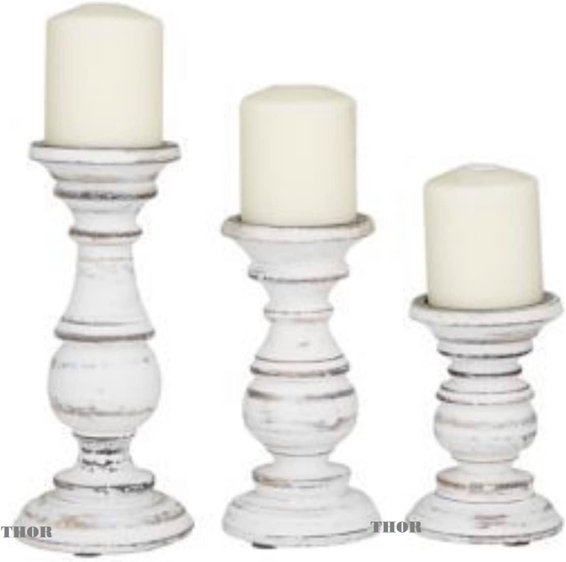 White Distressed Wood Pillar Candle Holder Set of 3