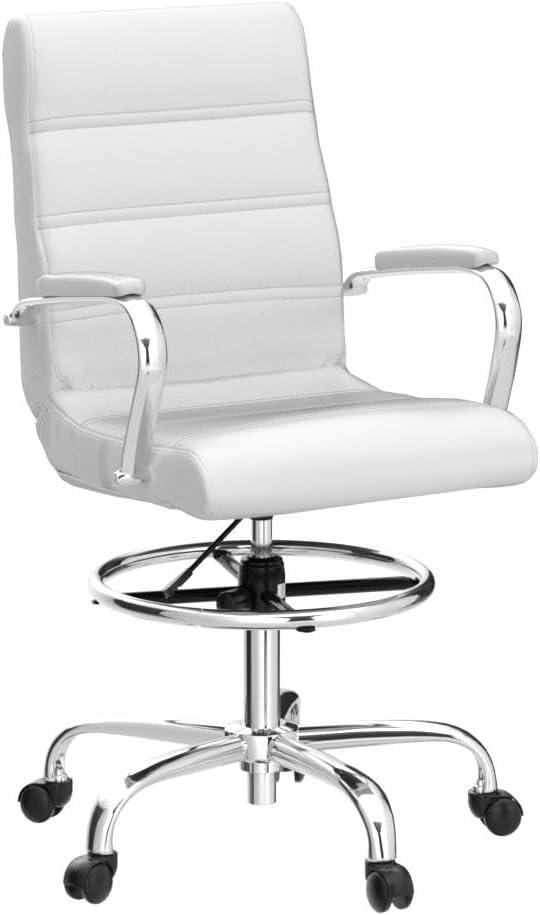 Modern White LeatherSoft Swivel Drafting Chair with Chrome Base