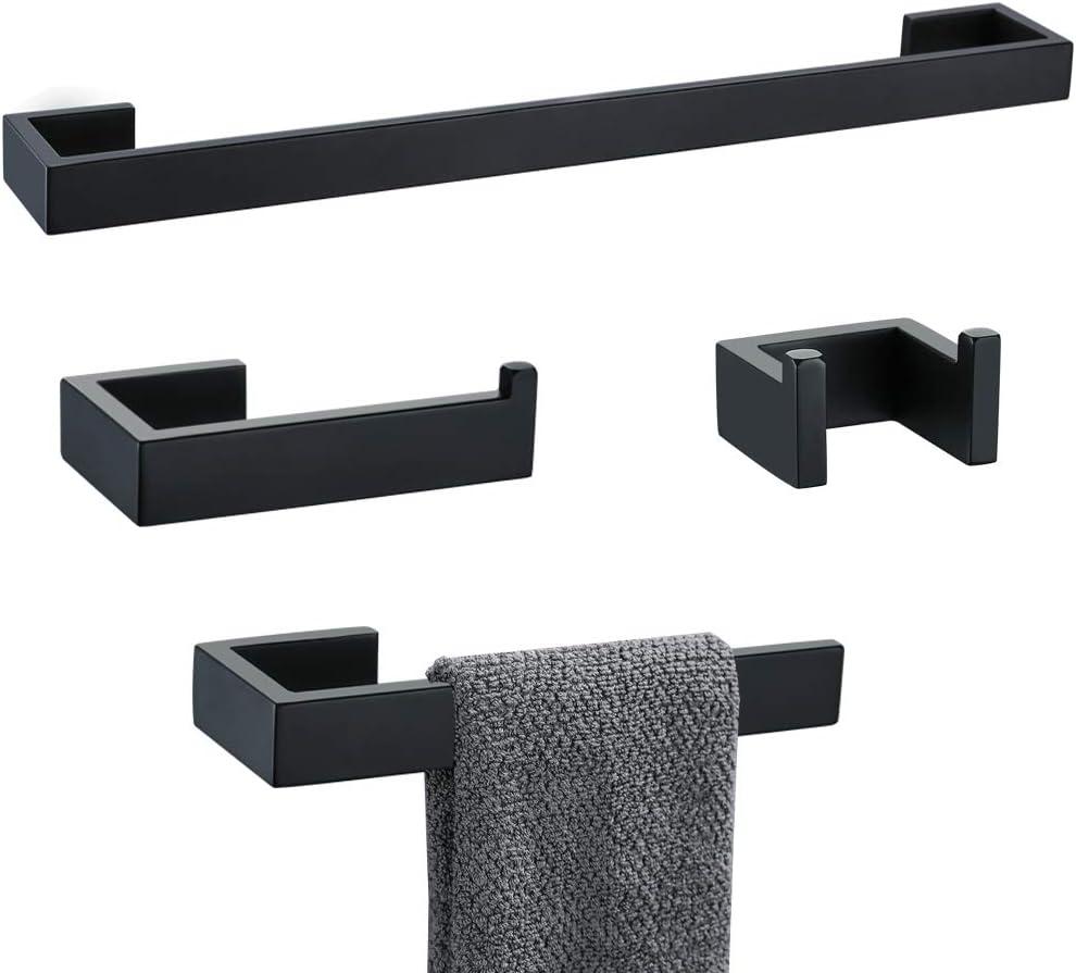 Bathroom Hardware Accessories Set, Matte Black 4-Piece Bathroom Hardware Set including Towel Bar,Towel Holder, Toilet Paper Holder, Towel Hook,Stainless Steel Bath Towel Bar Set