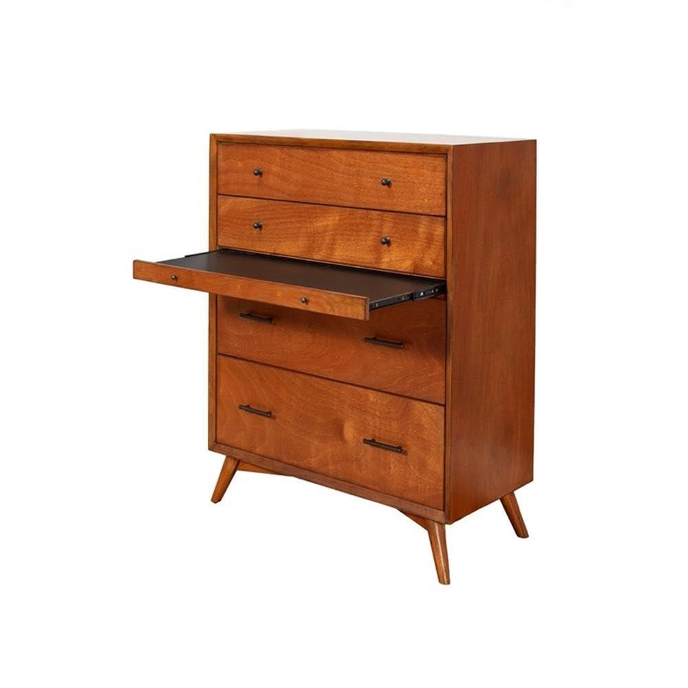 Flynn Mid Century Modern 4 Drawer Multifunction Chest with Pull Out Workstation Tray in Acorn Finish