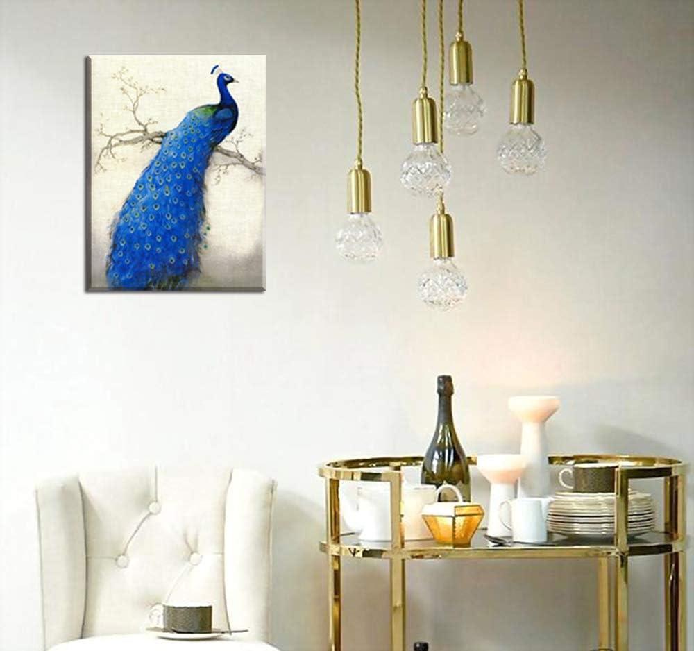 Peacock Wall Art Decor for Bedroom, PIY Beautiful Oil Painting Canvas Prints, Elegant Proud Peacock on Beige Pictures (Waterproof Artwork, Ready to Hang, 16x12)