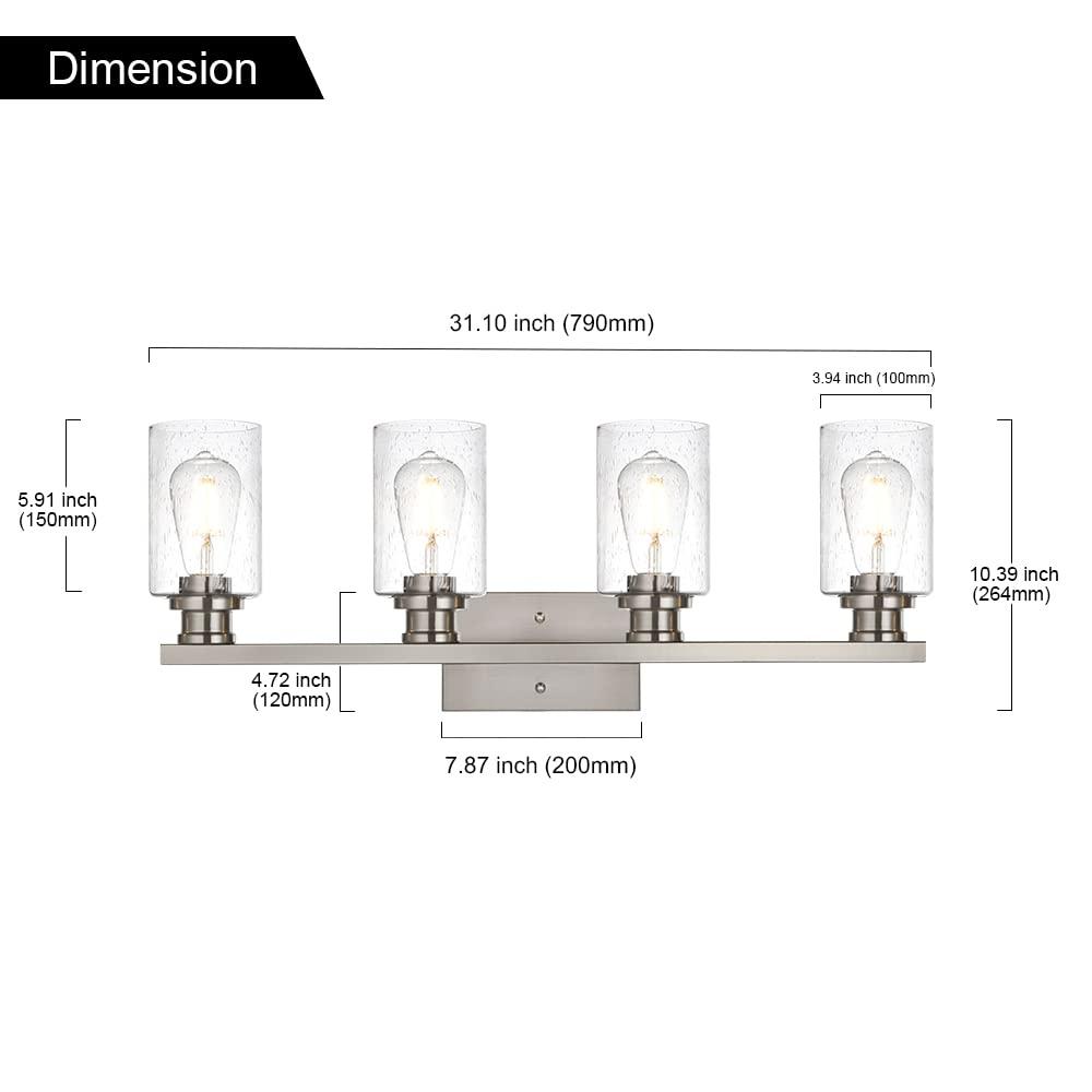 Melucee Brushed Nickel Industrial Bathroom Vanity Light Fixtures Over Mirror Seeded Glass 4 Lights Vintage Vanity Lights Farmhouse Bath Lighting