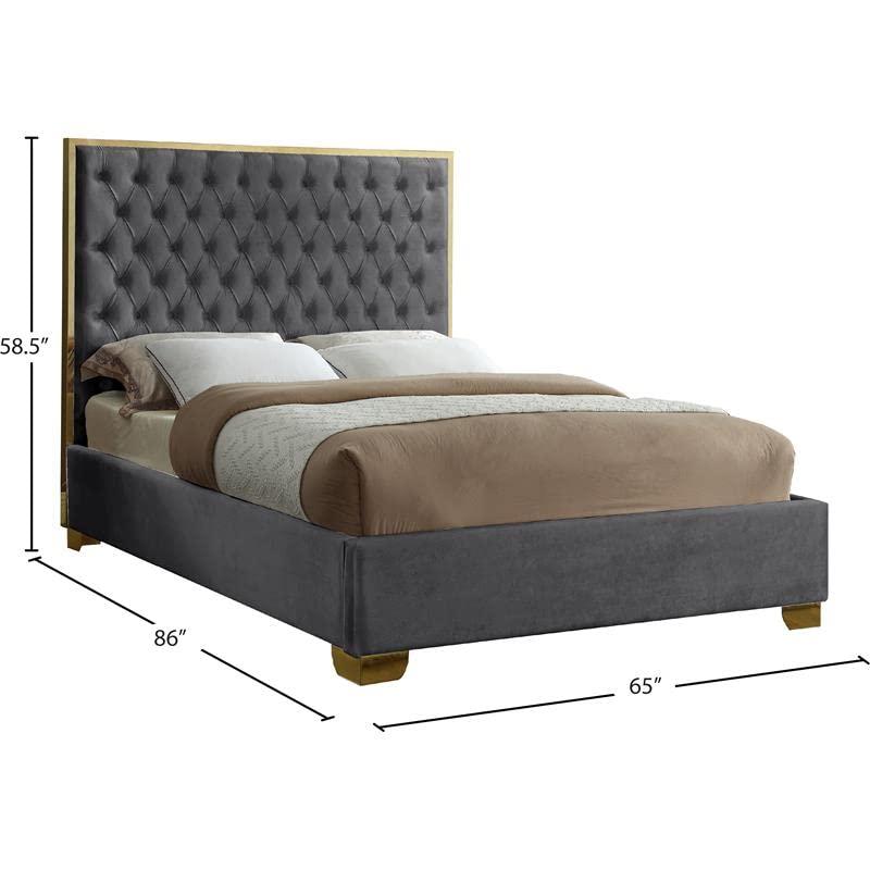 Meridian Furniture Lana Solid Wood and Velvet Queen Bed in Gray