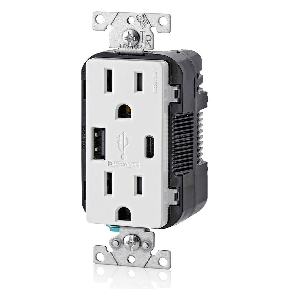 White Tamper Resistant Duplex Outlet with USB Type A and C Ports