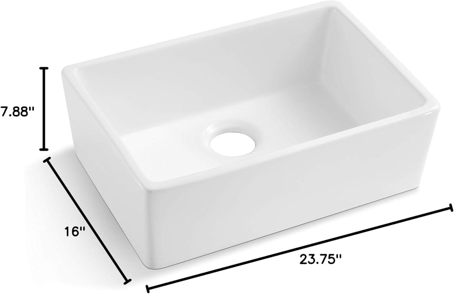 Durable 23.75-Inch Fireclay Farmhouse Apron Single Bowl White Kitchen Sink with Strainer