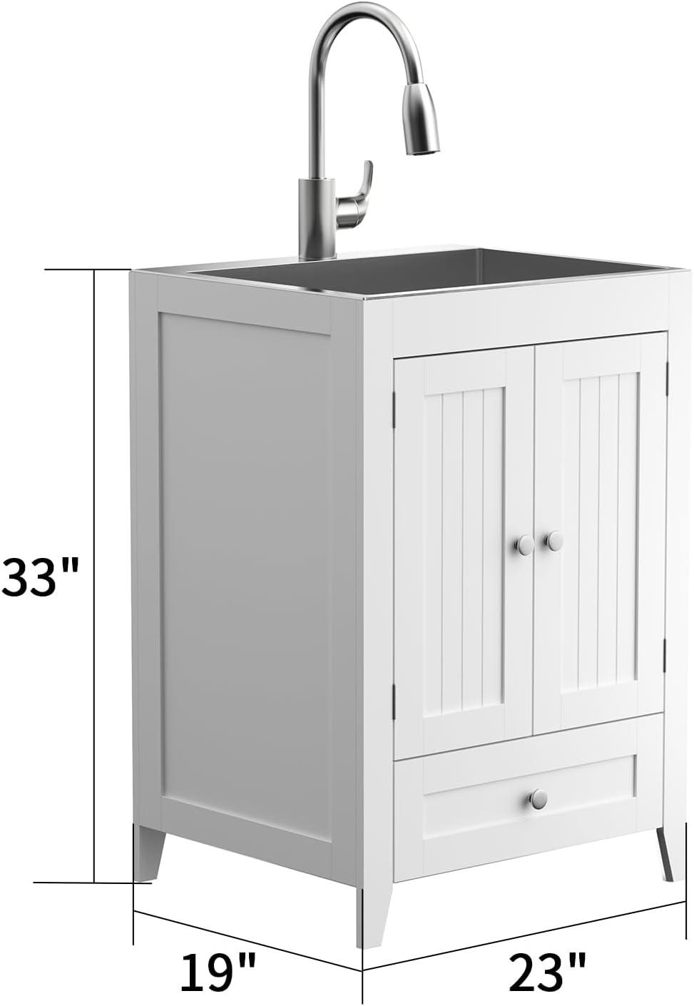 VINGLI 24-Inch Laundry Sink with Cabinet, Stainless Steel Sink with Pull-Out Sprayer Faucet White Cabinet Combo for Laundry Room, Utility Room, Bathroom and Kitchen