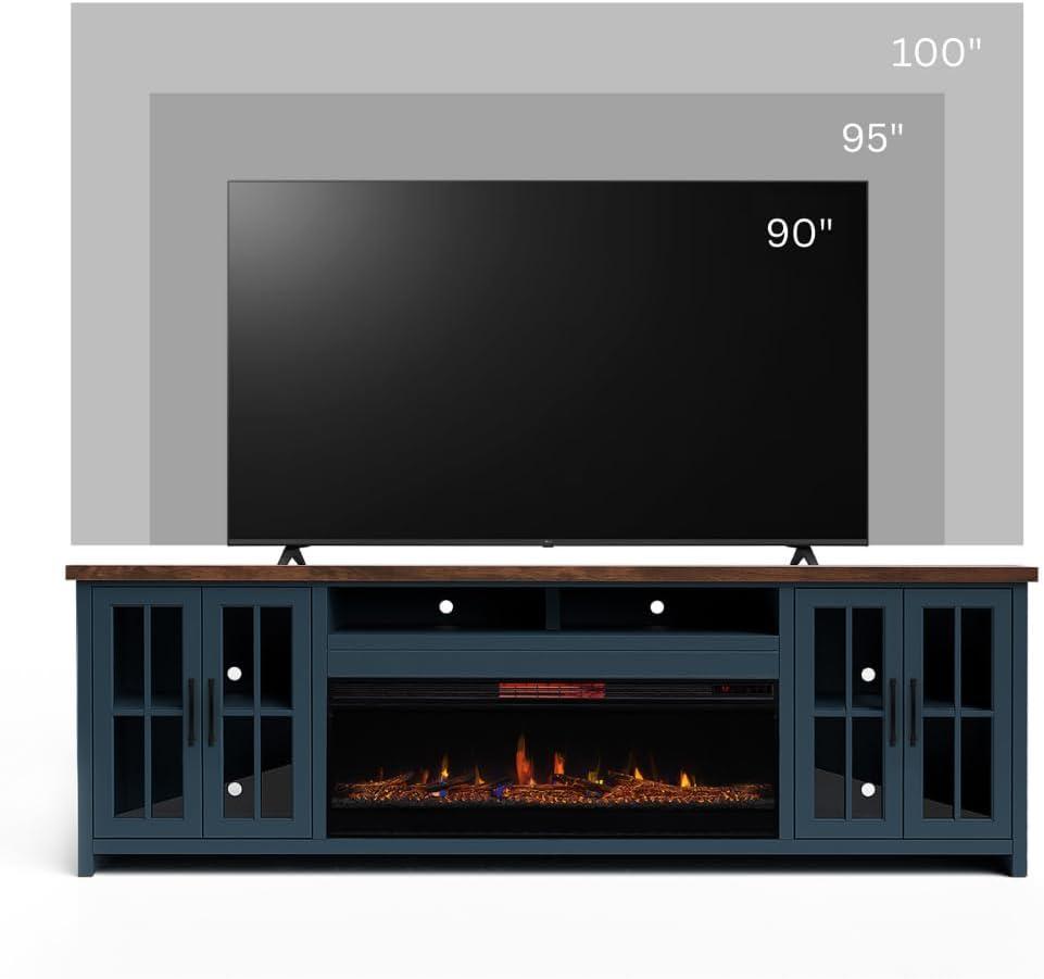 DeeHome Bridgevine Home Nantucket 97 inch Fireplace TV Stand Console for TVs up to 100 inches, Blue Denim and Whiskey Finish
