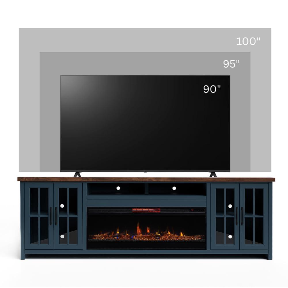 DeeHome Bridgevine Home Nantucket 97 inch Fireplace TV Stand Console for TVs up to 100 inches, Blue Denim and Whiskey Finish