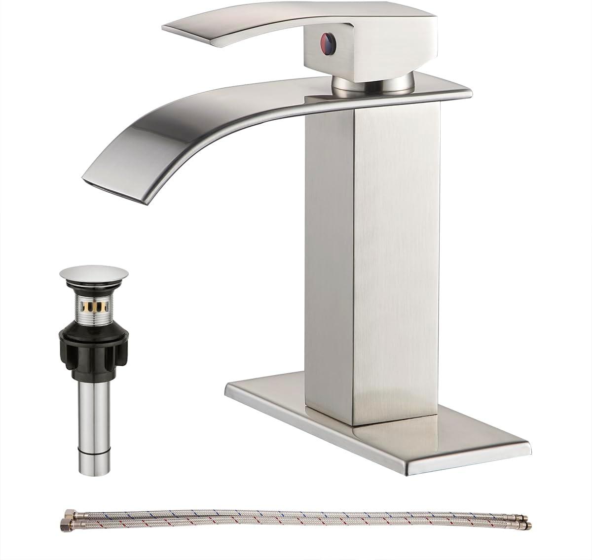 Waterfall Single Handle Bathroom Vanity Sink Faucet with Metal Pop-up Drain, Brushed Nickel Finish