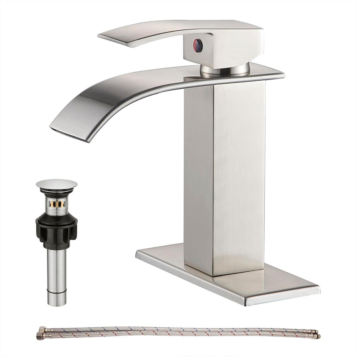 Waterfall Single Handle Bathroom Vanity Sink Faucet with Metal Pop-up Drain, Brushed Nickel Finish