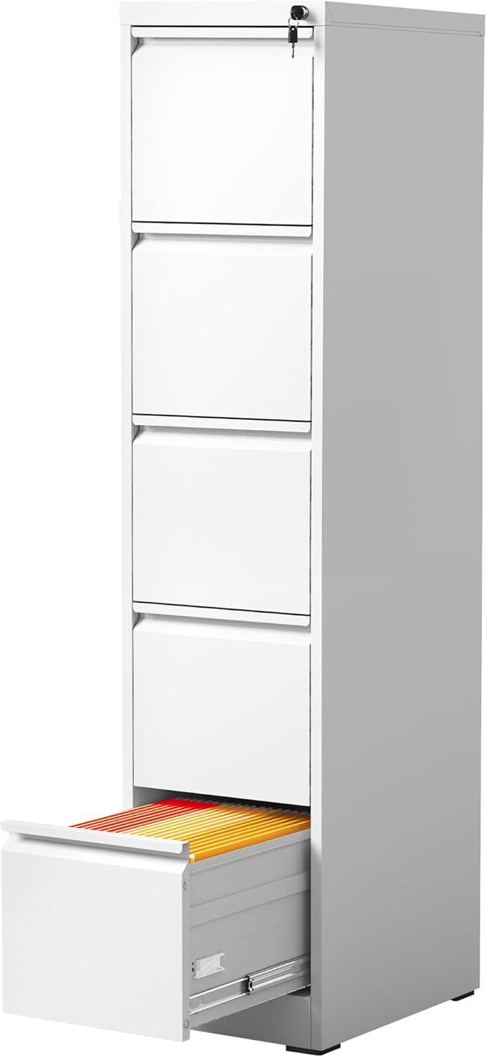 White Vertical 5-Drawer Lockable Metal Filing Cabinet