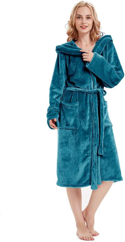 PAVILIA Fleece Robe For Women, Plush Warm Bathrobe, Fluffy Soft Spa Long Lightweight Fuzzy Cozy, Satin Trim (With Hood - Sea Blue, Large-X-Large)