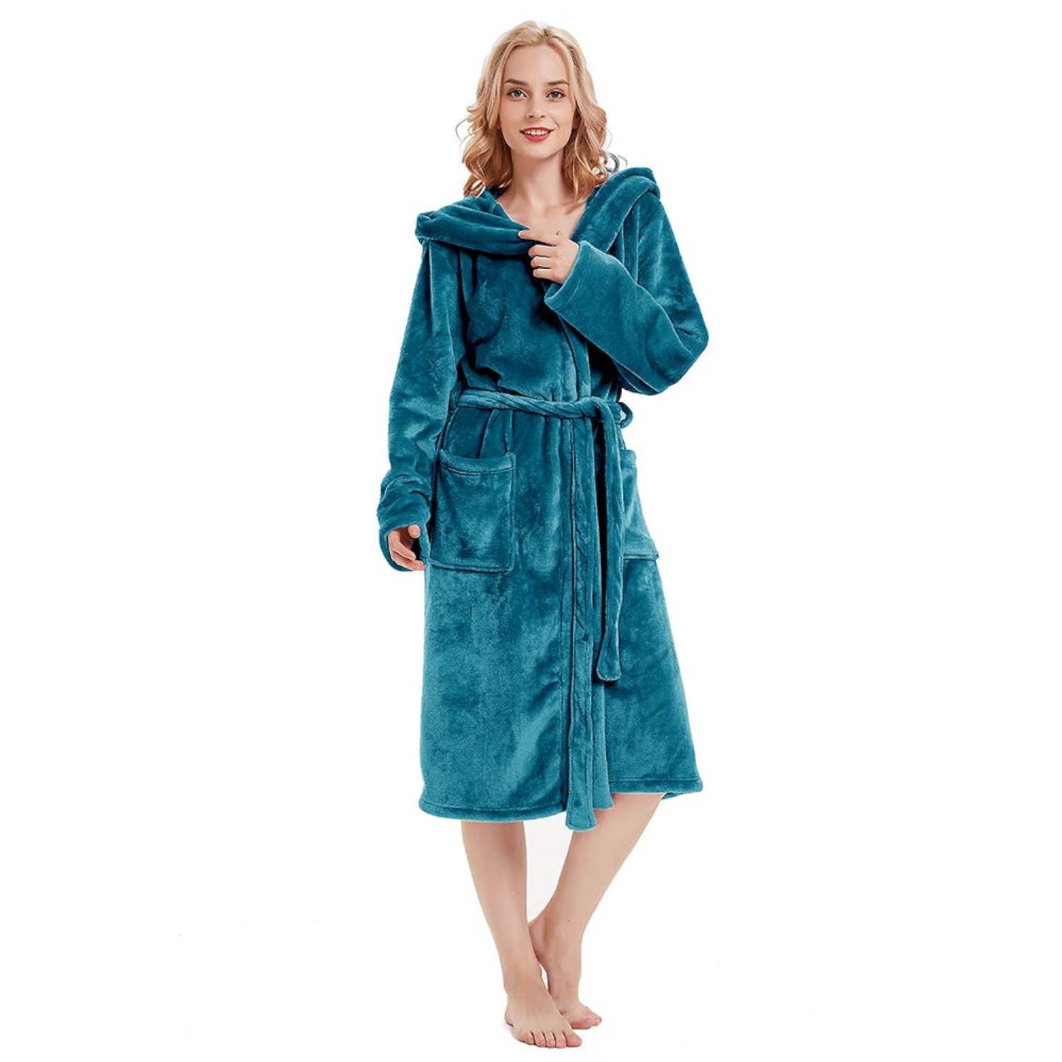 PAVILIA Fleece Robe For Women, Plush Warm Bathrobe, Fluffy Soft Spa Long Lightweight Fuzzy Cozy, Satin Trim (With Hood - Sea Blue, Large-X-Large)