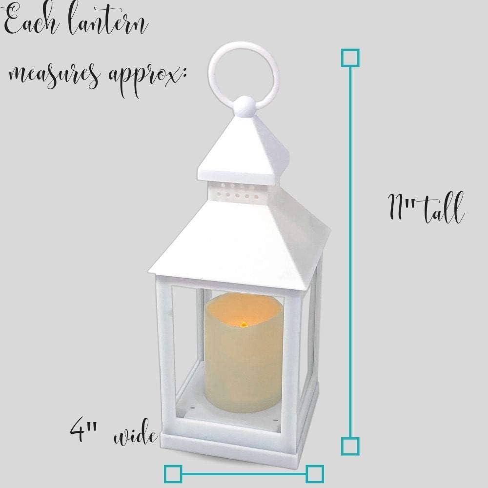 Decorative White Lanterns - Set of 4 - 4 Hour Timer - Remote – 9 3/8"H White LED Lanterns with Flameless Pillar Candles Included - Indoor/Outdoor Lantern Set- Hanging or Sitting Decoration - 9634-4W
