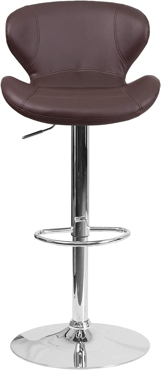 Curvaceous Brown Vinyl Adjustable Swivel Barstool with Chrome Base