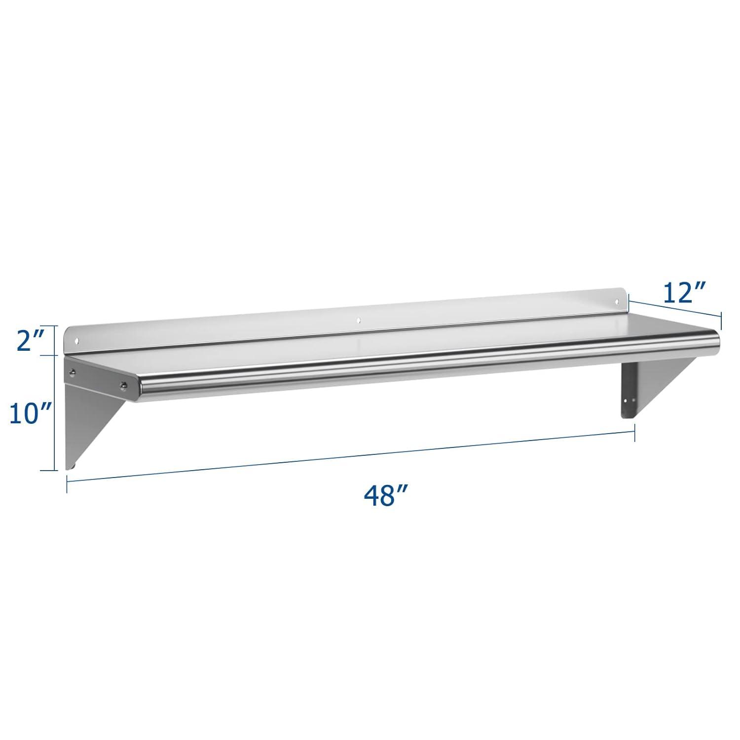 Towallmark Stainless Steel Shelf, NSF Commercial Shelf Wall Mounted, Wall Shelf Floating Shelving for Restaurant, Kitchen, Home, Hotel, 48 x 12 Inches Flat Surface