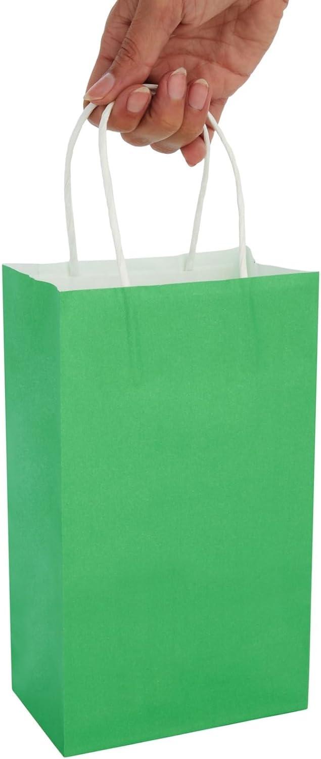 Blue Panda 25-Pack Green Gift Bags with Handles - Small Paper Treat Bags for Birthday, Wedding, Retail (5.3x3.2x9 In)