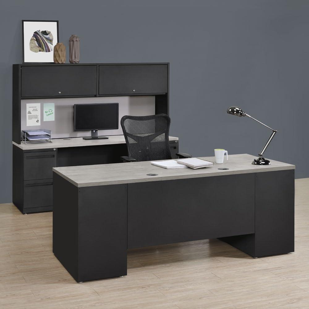 Oak and Black Executive Desk with Drawers and Filing Cabinet