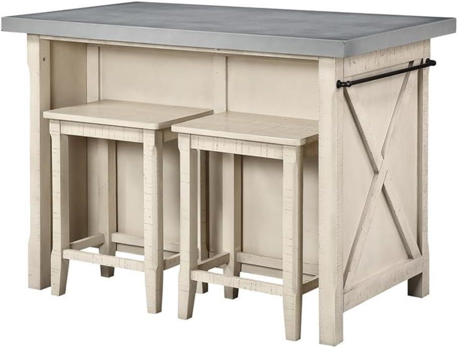 OSP Furniture Nashville Kitchen Island with Cement like Grey Top and 2 Stools