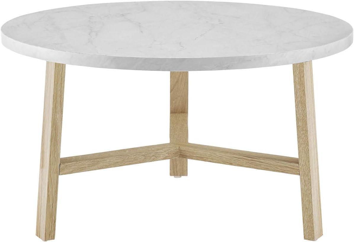 Walker Edison 30" Round Coffee Table in White Faux Marble and Light Oak