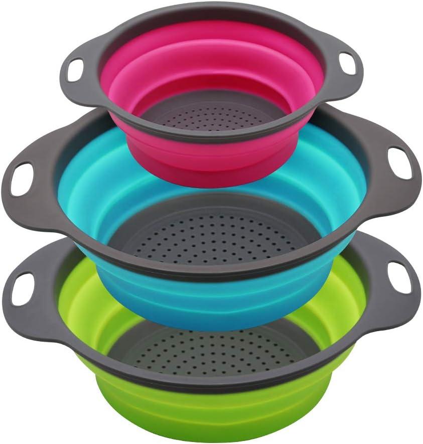 Qimh Collapsible Colander Set of 3 Round Silicone Kitchen Strainer Set - 2 pcs 4 Quart and 1 pcs 2 Quart- Perfect for Draining Pasta, Vegetable and fruit (green,blue, purple)