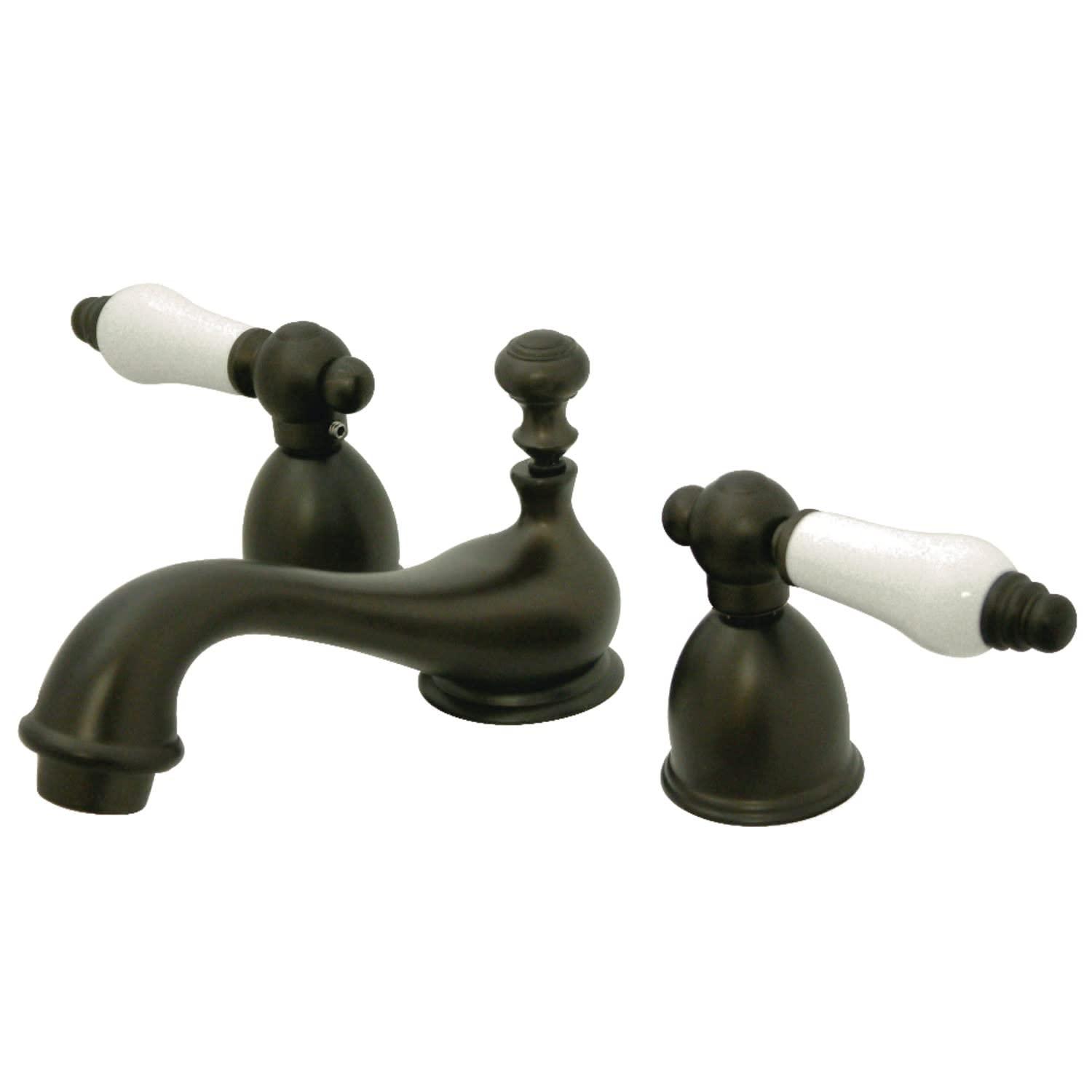 Kingston Brass Restoration Two-Handle 3-Hole Deck Mount Mini-Widespread Bathroom Faucet with Brass Pop-Up