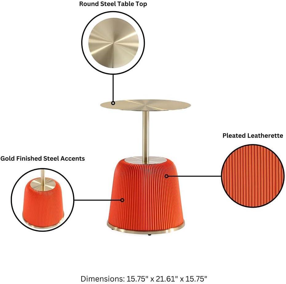 Manhattan Comfort Set of 2 Anderson Leatherette Upholstered End Tables with Gold Tabletop Orange: Round, No Assembly, Stainless Steel Frame
