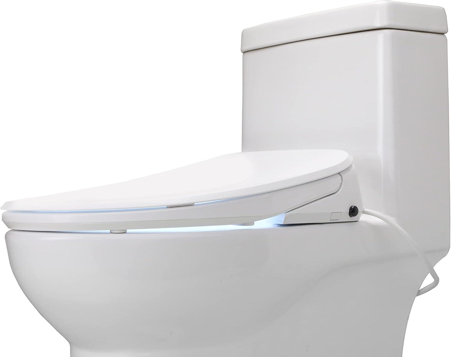 Elongated White Ultra Low Profile Bidet Toilet Seat with LED Nightlight