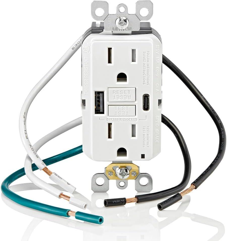 White Tamper Resistant GFCI Outlet with USB Type A & C