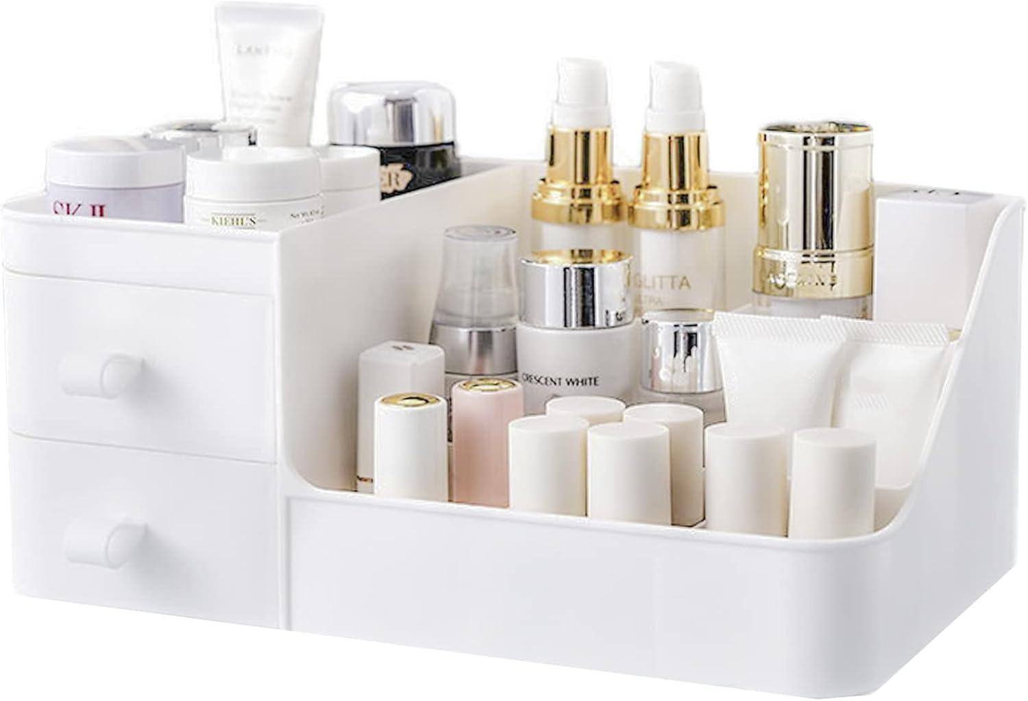 skin care organizer,Makeup Desk Organizer With Drawers,Countertop Organizer for Cosmetics,Vanity brush with Holder for Lipstick, Brushes, Eyeshadow, and Jewelry Desktop Finishing Dresser (White)