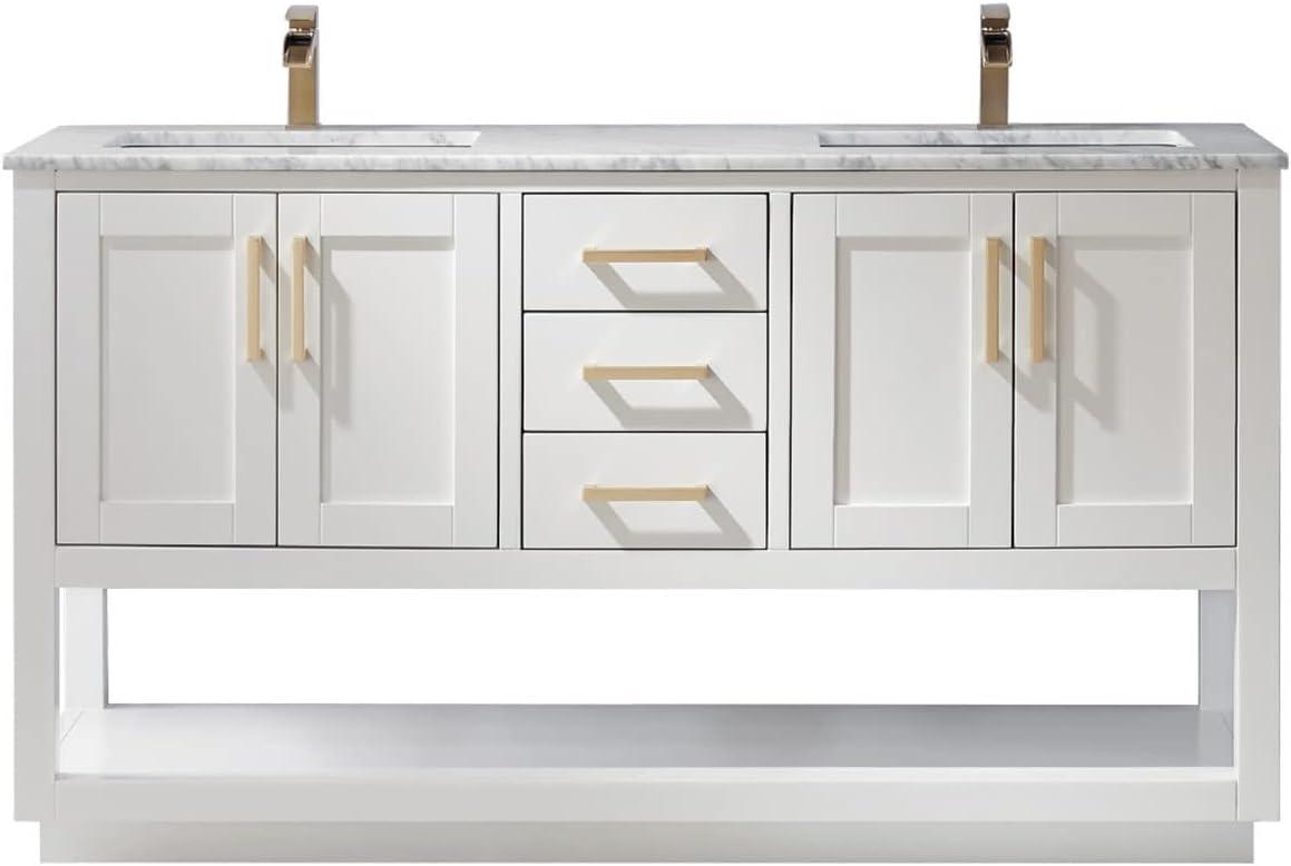 Remi 60" Carrara White Marble Countertop Double Vanity w/o Mirror White