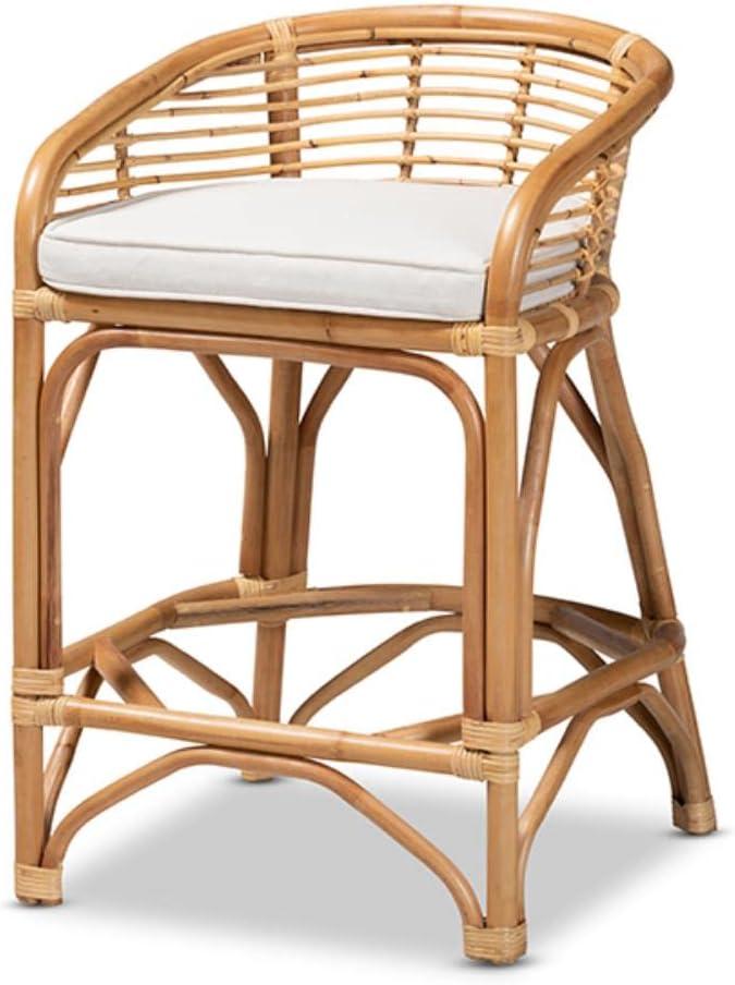 Tropical Oasis White Fabric and Natural Rattan Counter Stool