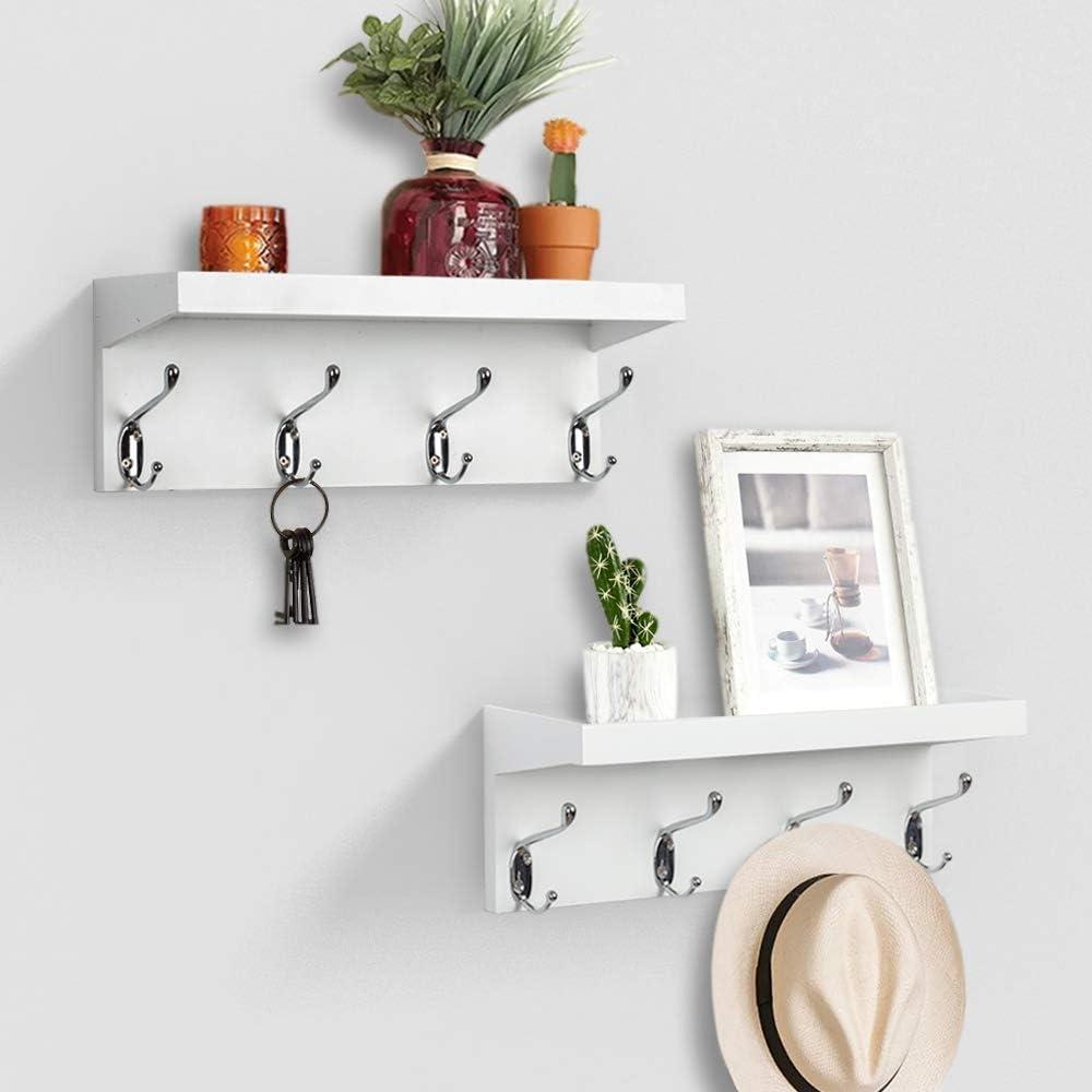 White Wall Mounted Coat Rack with Shelf and Double Hooks, Set of 2