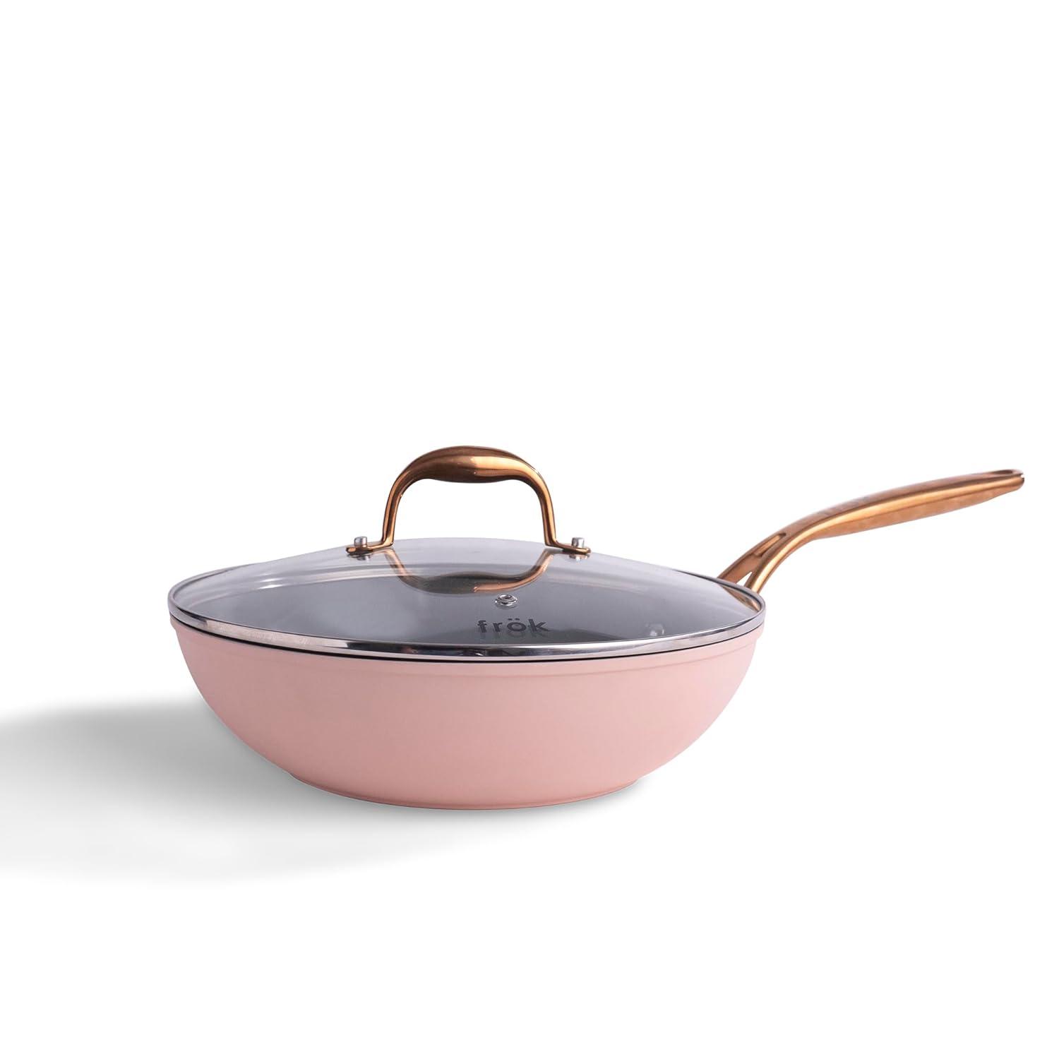 Frök Platinum Non-Stick Fry Pan Meets Wok With Lid, 11-Inch, Blush & Rose Gold
