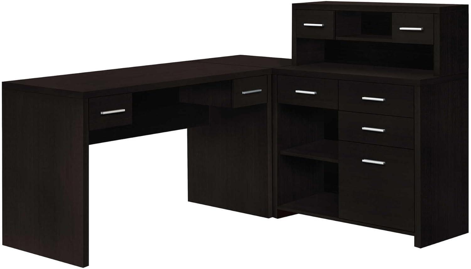 Cappuccino Brown Wood L-Shaped Executive Desk with Hutch and Filing Cabinet