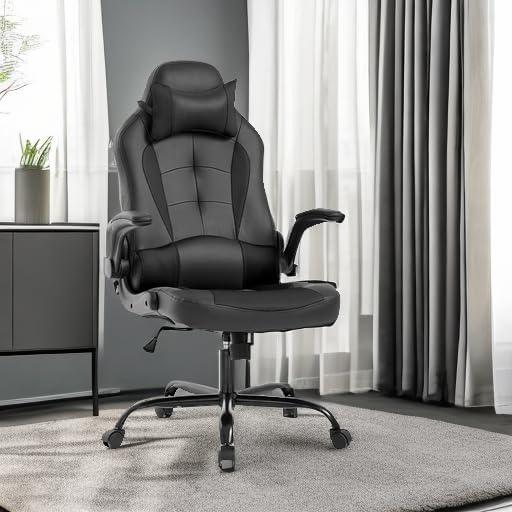 FDW PC Gaming Chair Ergonomic Office Chair Desk Chair with Lumbar Support Flip Up Arms Headrest PU Leather Executive High Back Computer Chair,Black