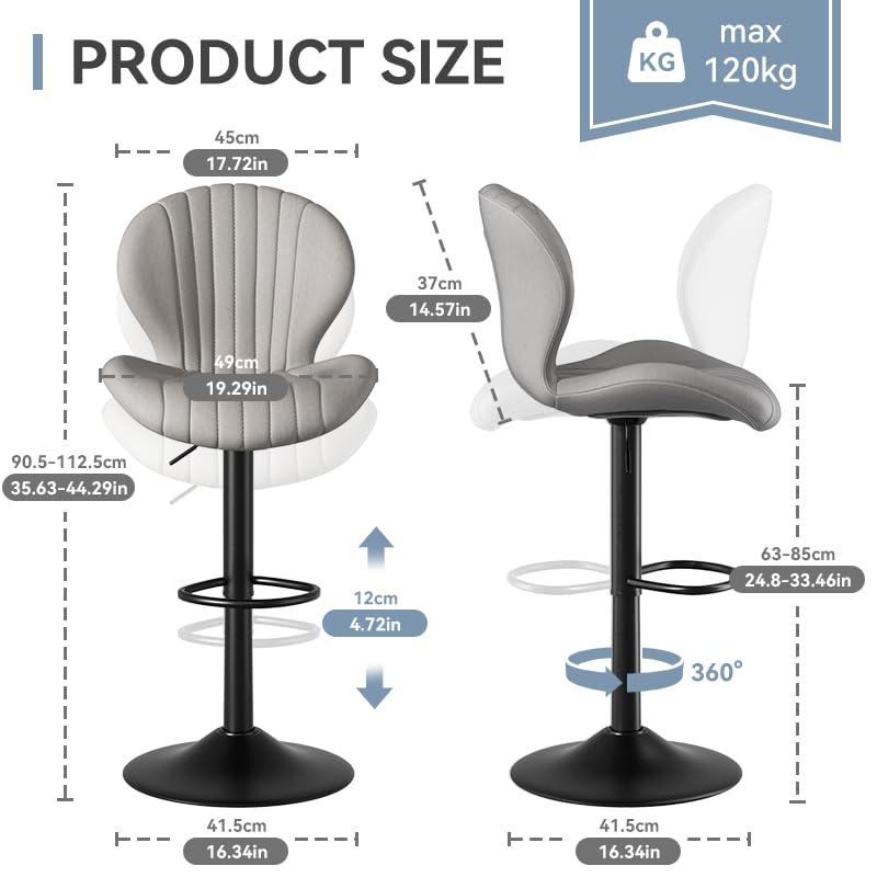 FLYSKY Bar Stools Set of 2 -Faux PU Leather Bar Chairs with Back, Adjustable Swivel Bar Stool, Light Gray