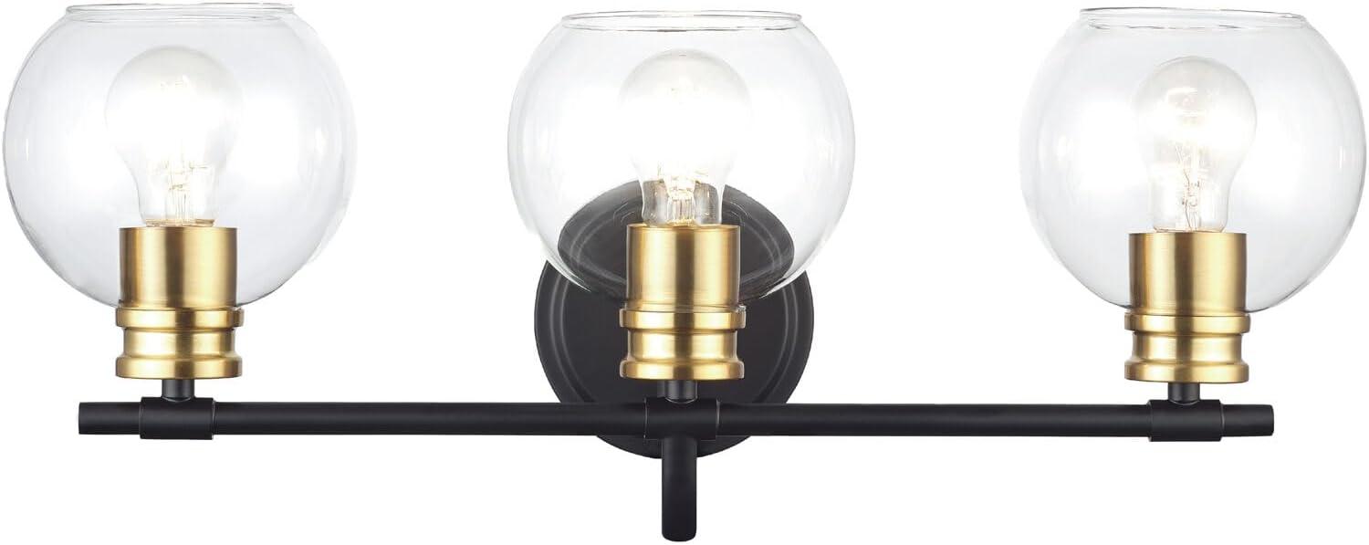 Black and Brushed Brass 3-Light Vanity Bar with Clear Glass Shades