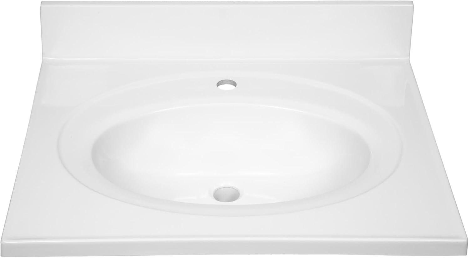 Cultured Marble Vanity Top – 25-Inch Single Bowl Sink Single Hole Mount with Integrated Backsplash – Reinforced Packaging – Solid White, Design House, 554600