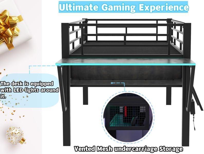 DreamBuck Full Size Gaming Loft Bed with Desk, LED and Storage Space, Metal Loft Bed Frame with Vented Mesh Undercarriage Storage, Modern Full Loft Beds for Teens, No Box Spring Needed