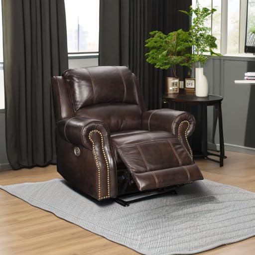 Traditional Brown Leather Power Recliner with Nailhead Trim