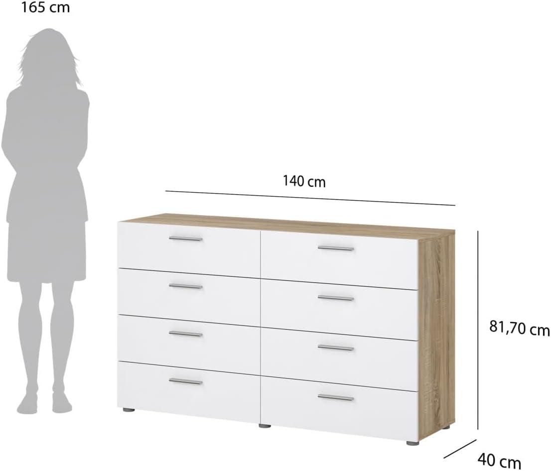 Tvilum,Austin 8 Drawer Double Dresser, Oak Structure/White High Gloss