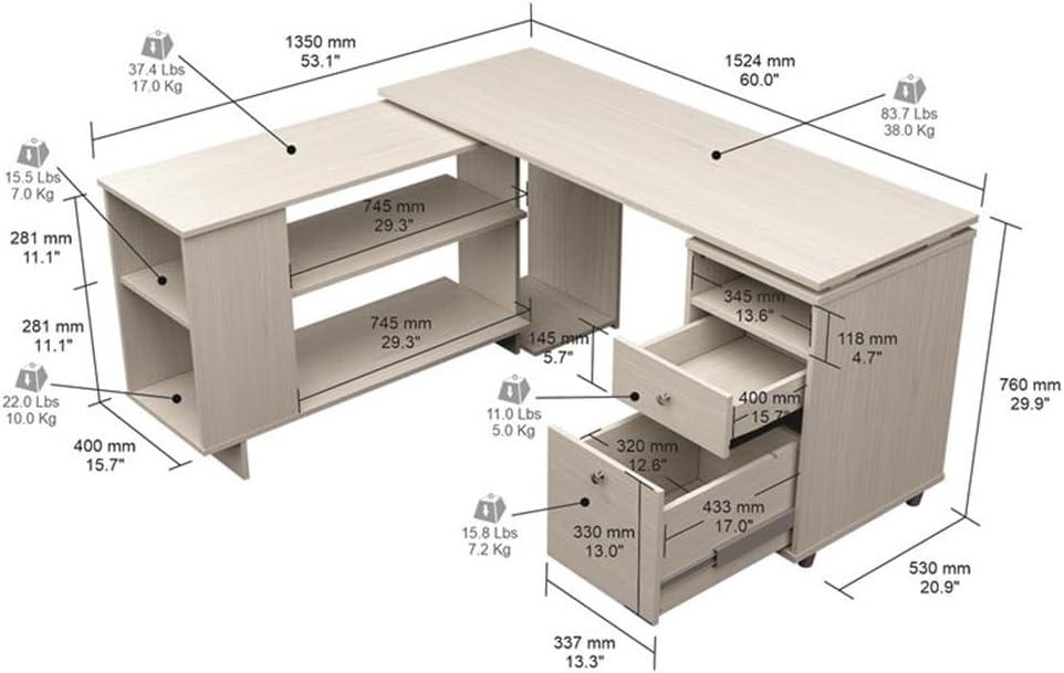 Inval L-Shaped Reversible Computer Desk, Washed Oak