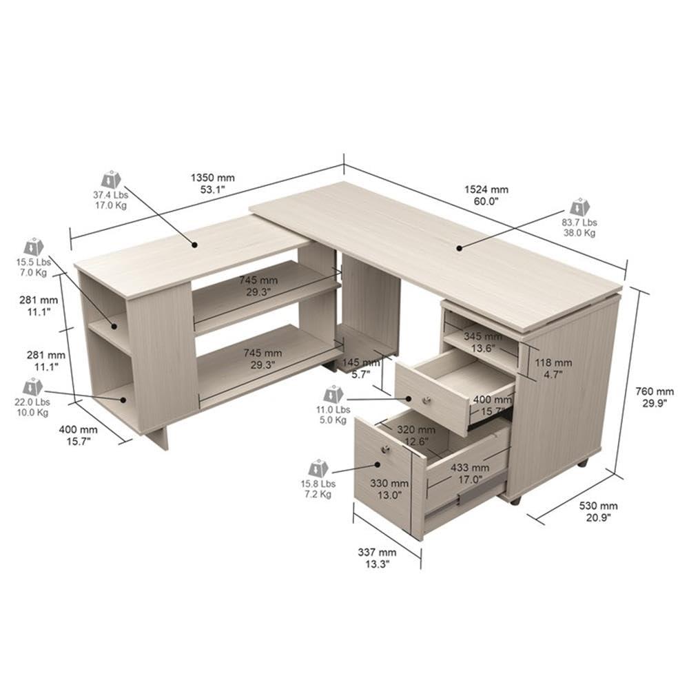 Inval L-Shaped Reversible Computer Desk, Washed Oak