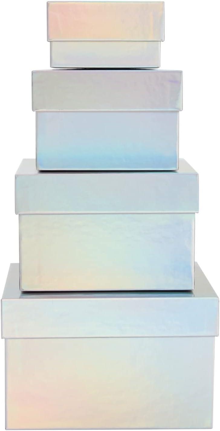Stockroom Plus Set of 4 Sizes Square Nesting Gift Boxes with Lids for Presents, Decorative Goodie Box for Holidays, Holographic Silver