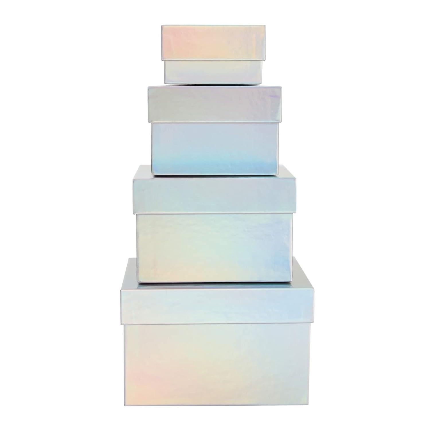 Stockroom Plus Set of 4 Sizes Square Nesting Gift Boxes with Lids for Presents, Decorative Goodie Box for Holidays, Holographic Silver