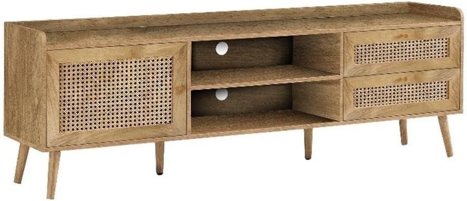 Walnut 72 Inch TV Stand with Rattan Panels and Storage