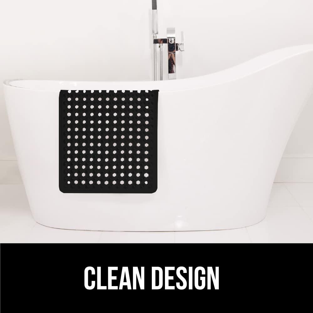 GORILLA GRIP Patented Bath Tub Shower Mat, Machine Washable Bathtub Floor Liner Mats, Suction Cups and Drain Holes to Keep Tubs Clean, Soft on Feet, Bathroom Essentials, 35x16 Inch, Black